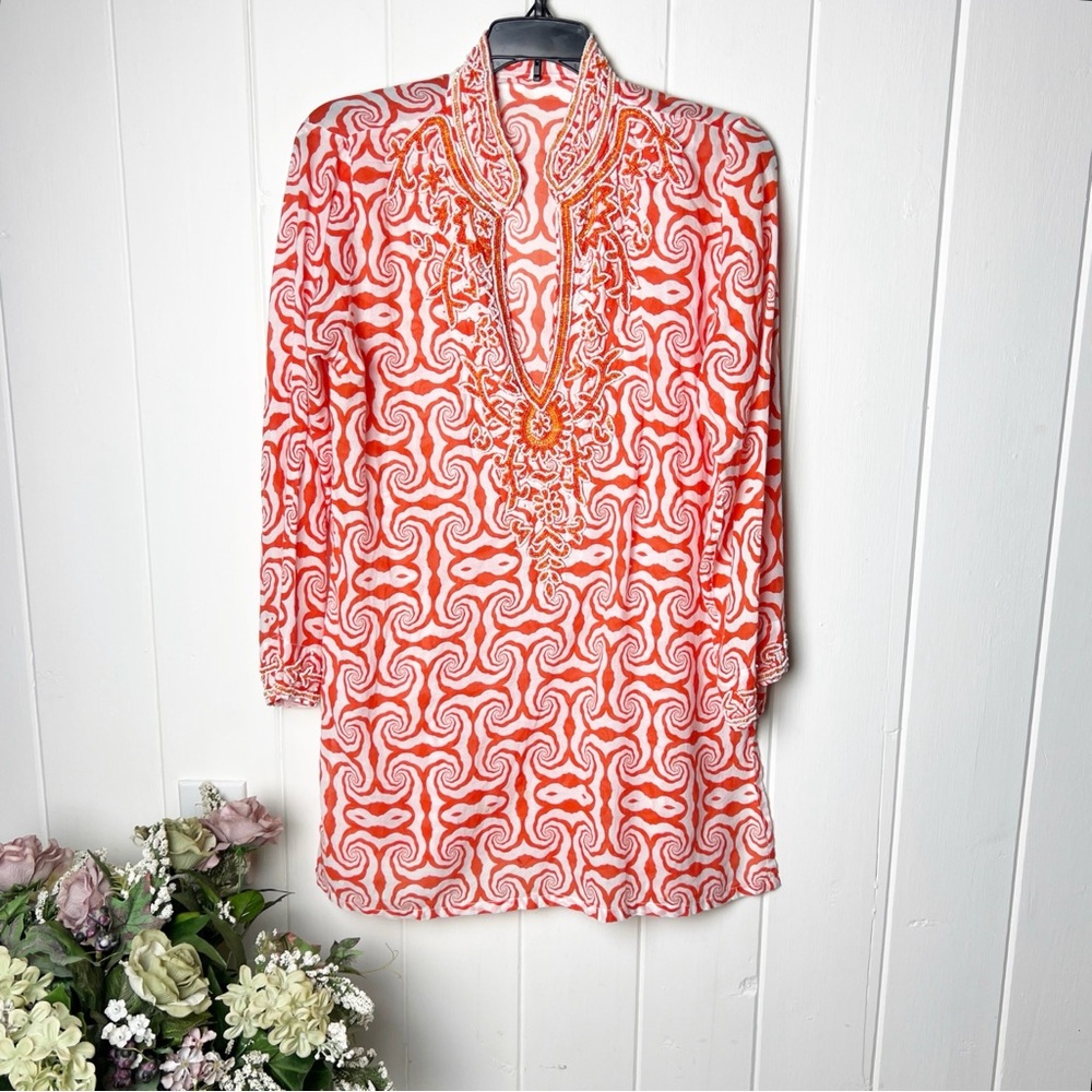 Barbara Gerwit Boho orange and white beaded blouse